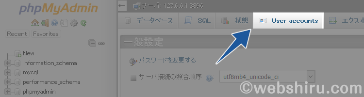 phpMyAdminの管理画面で［User accounts］をクリック